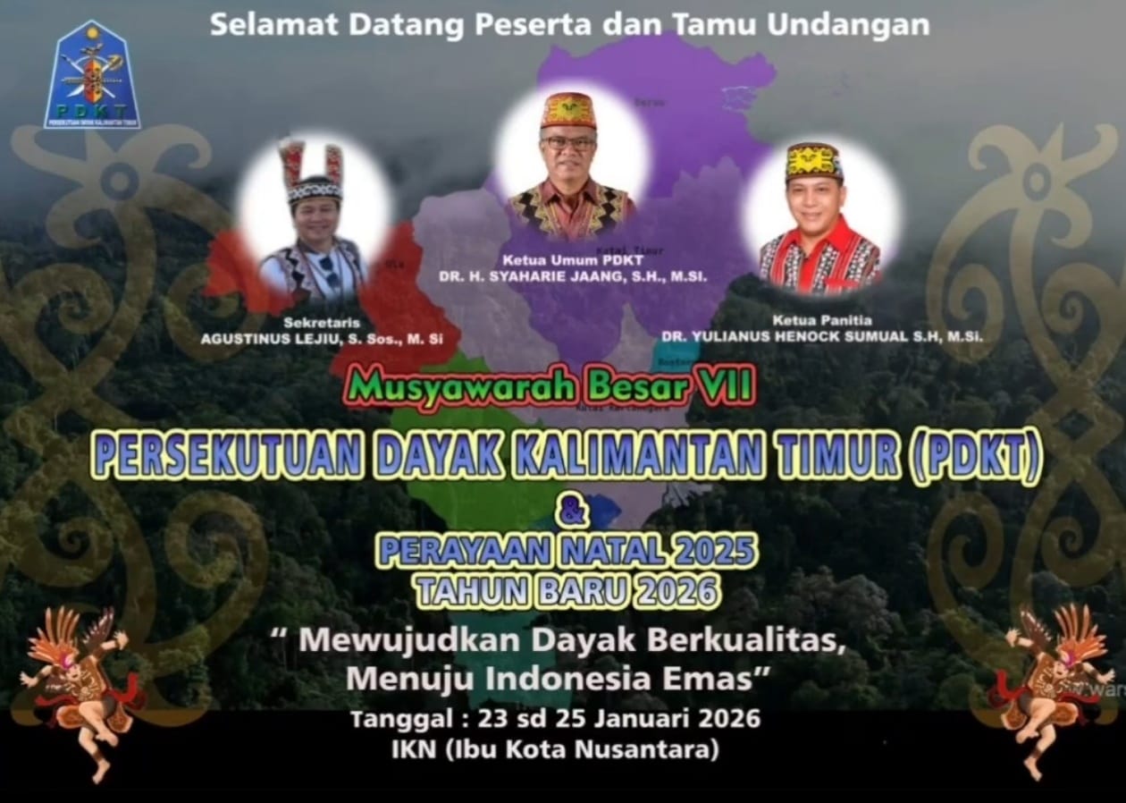 Peserta Musyawarah Besar (Mubes) VII Persekutuan Dayak Kalimantan Timur (PDKT) bersiap mengikuti kegiatan yang digelar pada 23–25 Januari 2026 di Ibu Kota Nusantara (IKN). Mubes ini mengusung tema “Mewujudkan Dayak Berkualitas Menuju Indonesia Emas” dan menjadi forum penting untuk pemilihan Ketua Umum PDKT periode 2026–2031 serta laporan pertanggungjawaban pengurus sebelumnya.