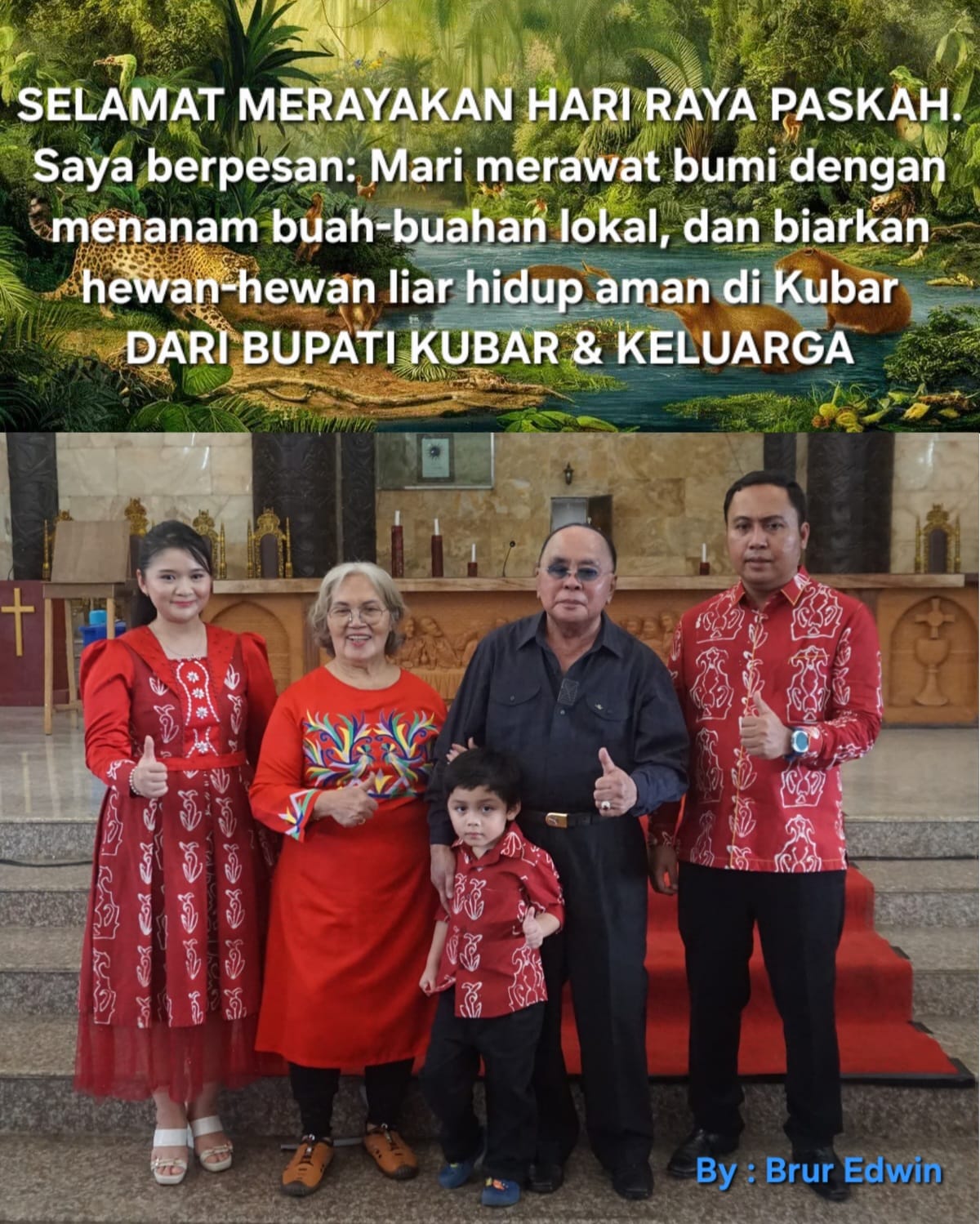 Bupati Kutai Barat, Frederick Edwin, bersama orang tua menyampaikan ucapan Selamat Hari Raya Paskah 2026 kepada masyarakat sebagai wujud kebersamaan dan kepedulian.