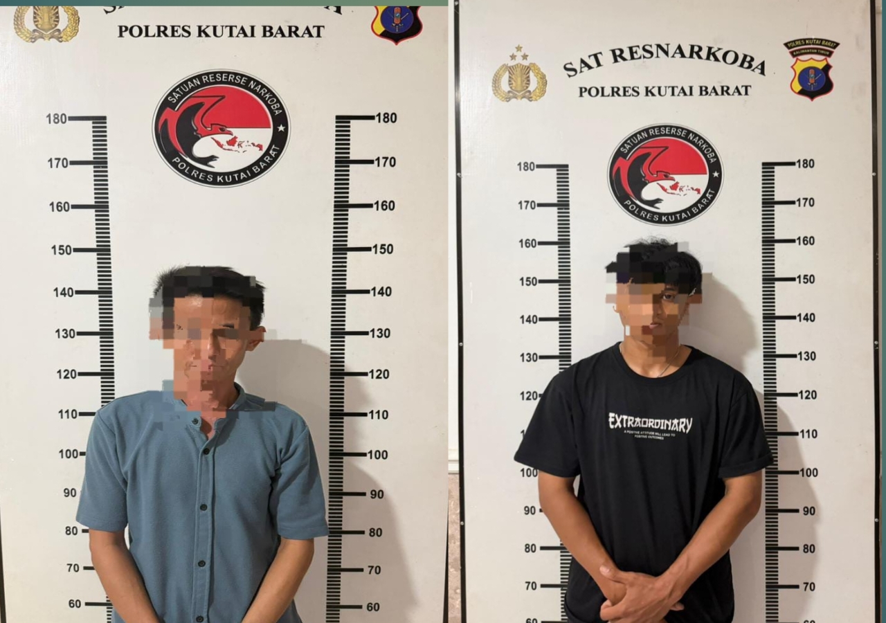 Dua terduga pelaku tindak pidana peredaran narkotika jenis sabu saat diamankan Satresnarkoba Polres Kutai Barat beserta barang bukti hasil pengungkapan kasus di wilayah Kecamatan Melak, Selasa (05/05/2026).