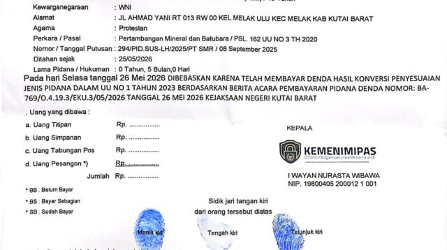 Keterangan Foto: Surat bebas yang diterbitkan Lembaga Pemasyarakatan (Lapas) Kelas IIA Tenggarong untuk terpidana kasus pertambangan, Budi Permanto, Selasa (26/5/2026).