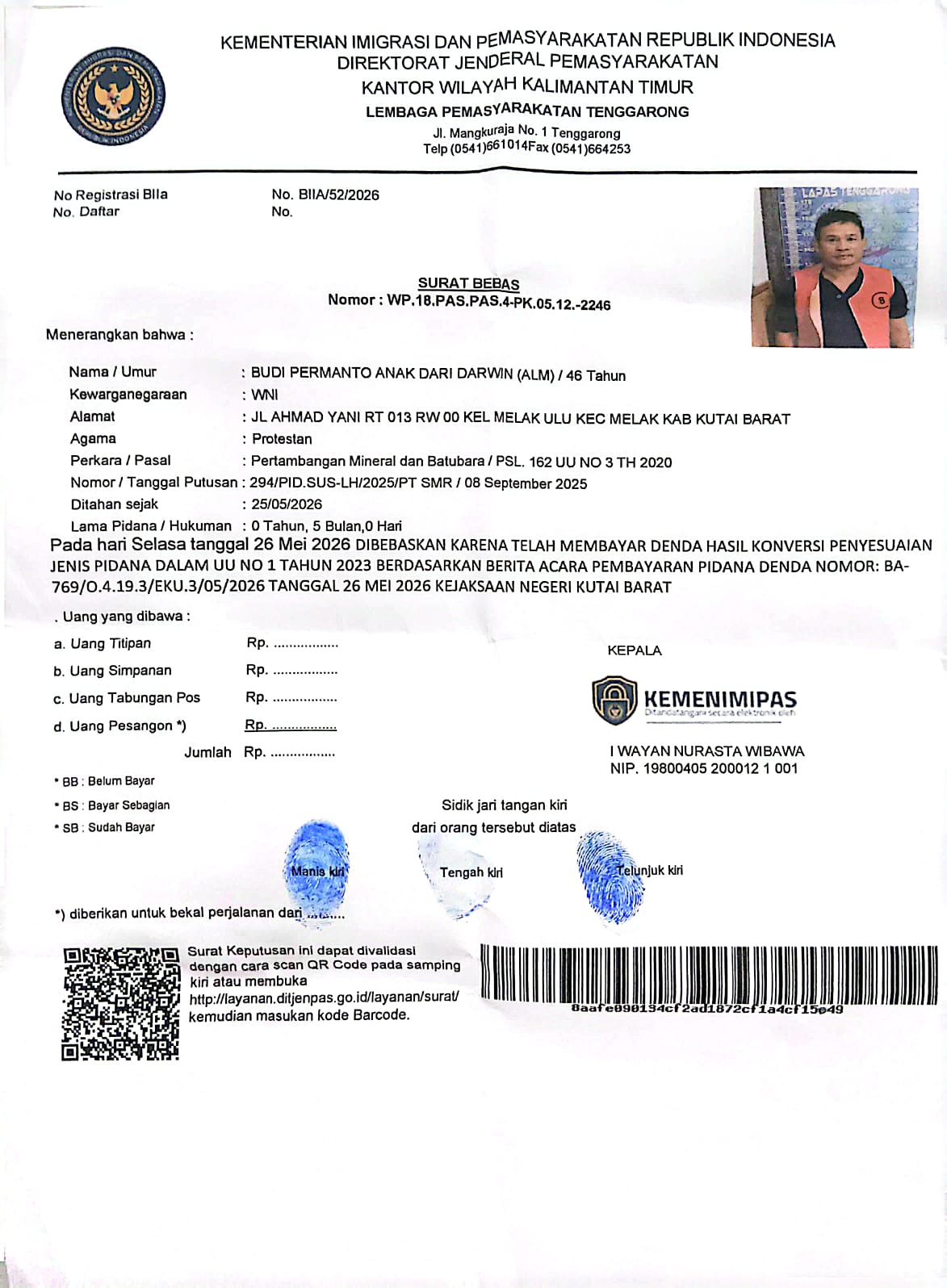 Keterangan Foto: Surat bebas yang diterbitkan Lembaga Pemasyarakatan (Lapas) Kelas IIA Tenggarong untuk terpidana kasus pertambangan, Budi Permanto, Selasa (26/5/2026).