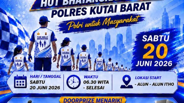 Dalam rangka menyambut HUT Bhayangkara ke-80, Polres Kutai Barat menggelar jalan santai massal di Lapangan Itho, Barong Tongkok, pada 20 Juni 2026. Kegiatan ini dimeriahkan dengan hiburan dan puluhan doorprize menarik bagi masyarakat.