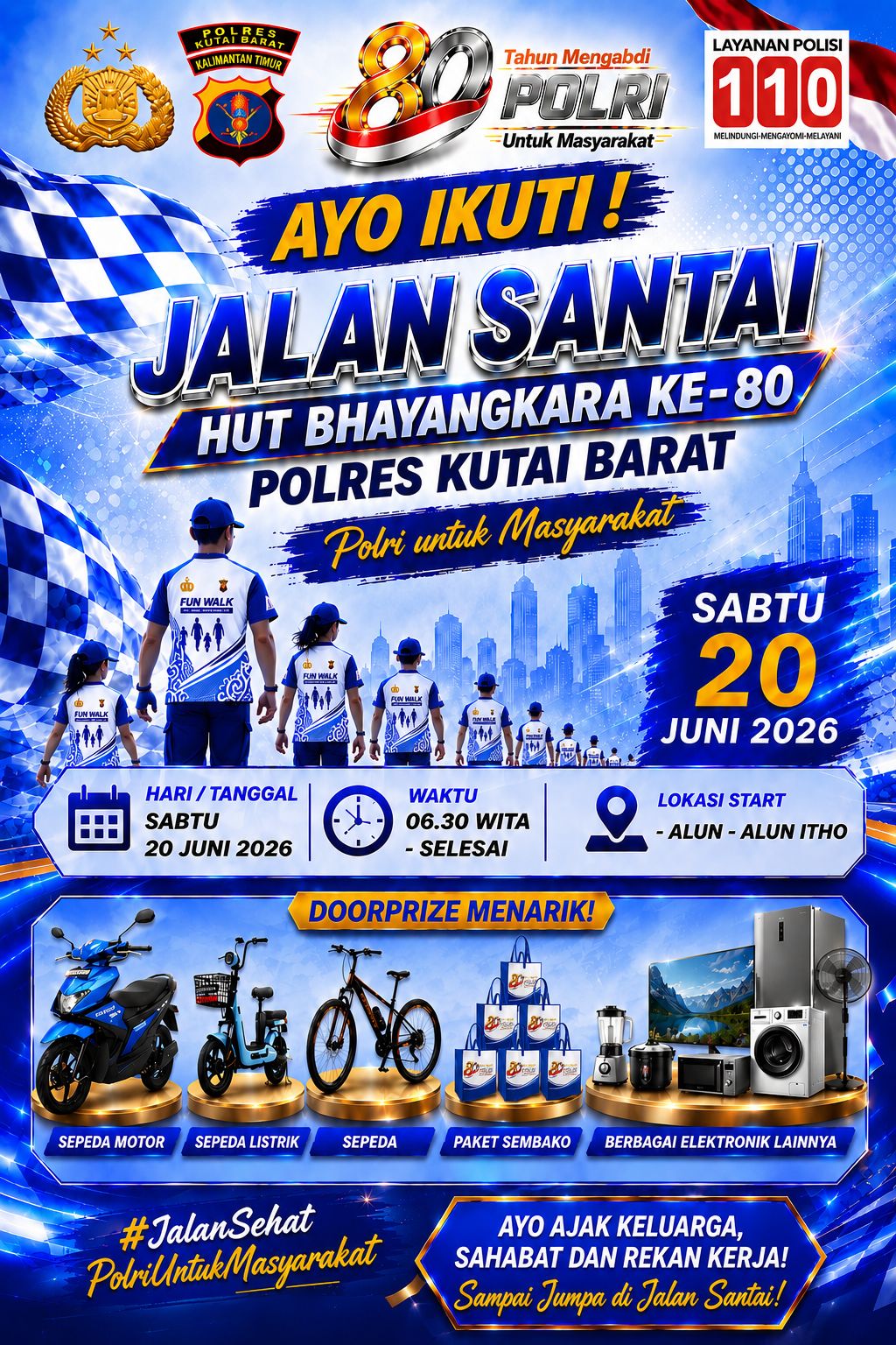 Dalam rangka menyambut HUT Bhayangkara ke-80, Polres Kutai Barat menggelar jalan santai massal di Lapangan Itho, Barong Tongkok, pada 20 Juni 2026. Kegiatan ini dimeriahkan dengan hiburan dan puluhan doorprize menarik bagi masyarakat.