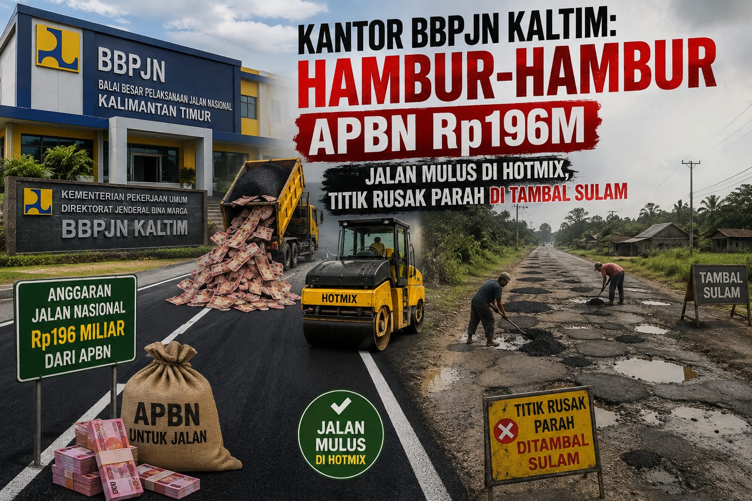 Gambar Ilustrasi: Soroti Kualitas Proyek Rp196 Miliar: Kondisi pengerjaan jalan nasional ruas Simpang Blusuh - Mentiwan di Kabupaten Kutai Barat yang dikerjakan PT Trimurti Perkasa. Proyek di bawah pengawasan BBPJN Kaltim ini memicu protes warga karena melapisi hotmix baru pada jalan yang masih mulus, sementara segmen berlubang parah hanya mendapatkan penanganan tambal sulam.
